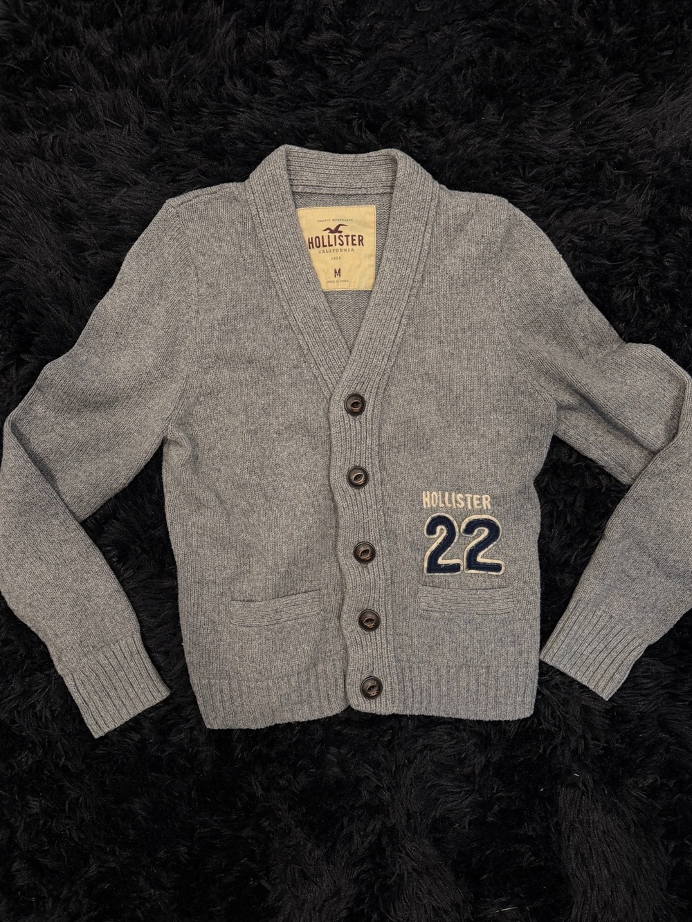 Hollister Gray Shawl Collar Cardigan with Navy 22 Patch